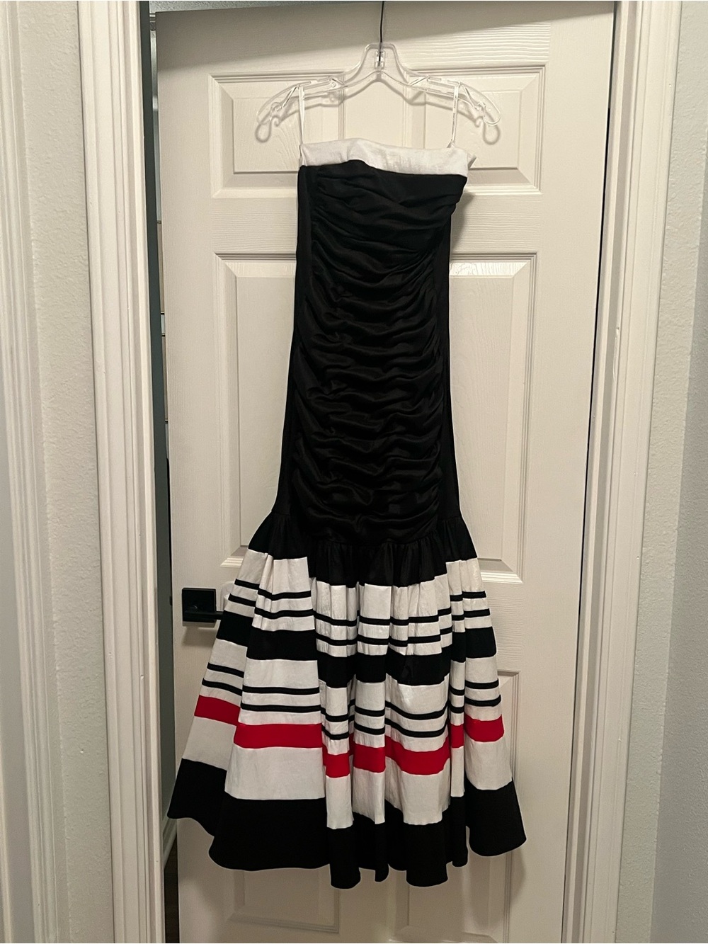 Black and White Striped Mermaid Dress with Red Accents